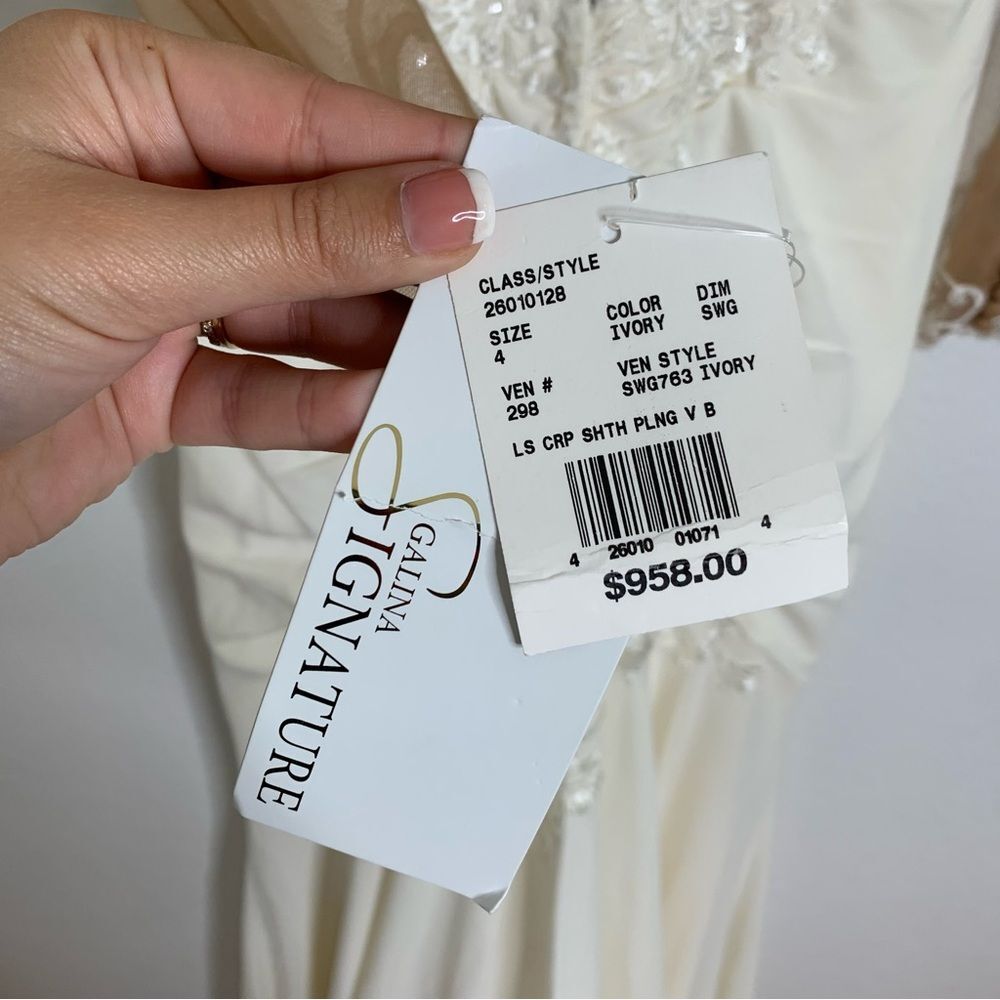 Galina Signature Long Sleeve Ivory Sheer Beaded Wedding Dress Davids‎ Bridal 4 - Picture 4 of 11